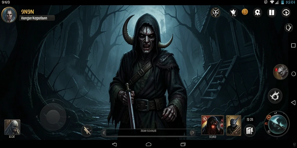 Screenshot gameplay 9N9N dengan suasana mencekam di kegelapan.