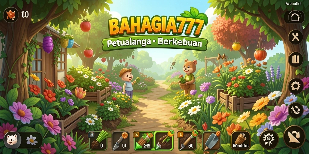 Tampilan gameplay BAHAGIA777 dengan kebun yang subur dan beragam tanaman.