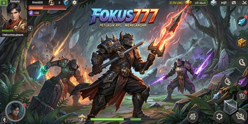 Tangkapan layar gameplay FOKUS777 menampilkan pertarungan epik dengan karakter.