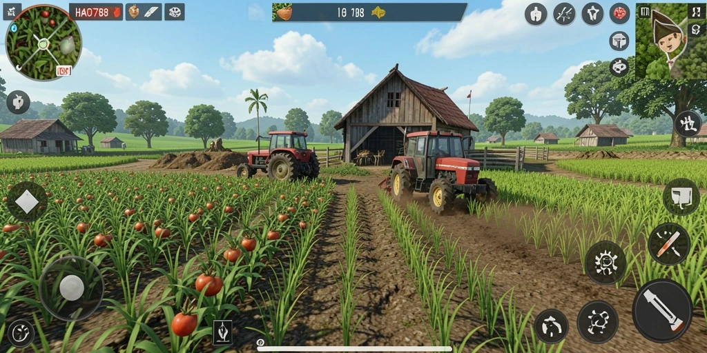 Tangkapan layar gameplay HAO788 menunjukkan ladang yang luas dan berwarna-warni.