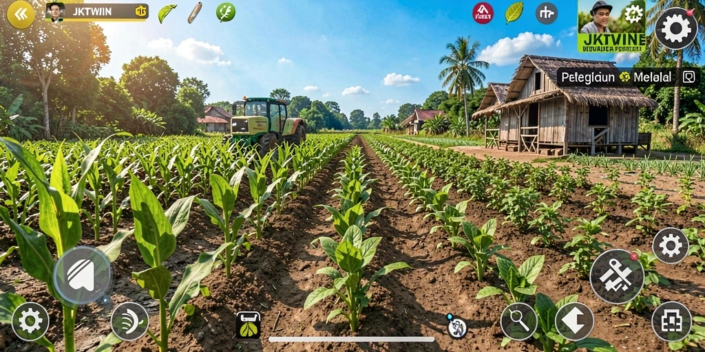 Tampilan utama gameplay JKTWIN saat mengelola pertanian yang ceria.