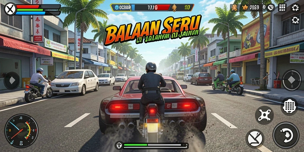 Gameplay intens OCE69 menampilkan balapan mendebarkan di jalanan.