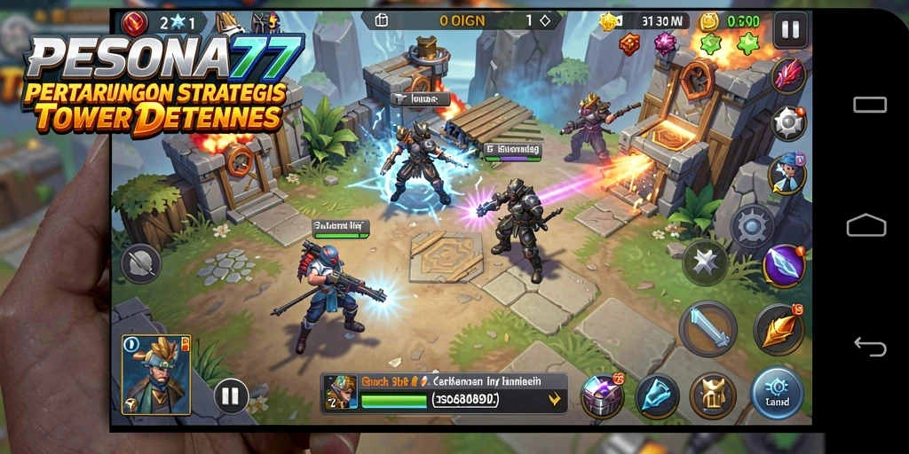 Screenshot gameplay PESONA77 menampilkan menara dan musuh dalam pertempuran strategis.